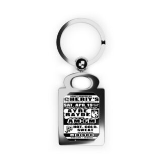 Keyring – Cheriy's – Ayre Rayde, AM-FM & Hot, Cold, Sweat – White & Black w/Black Background