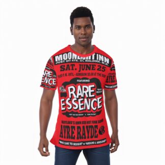 *Tee – All Over Print (Front & Back) – Moonlight Inn – Rare Essence & Ayre Rayde – Black on Red