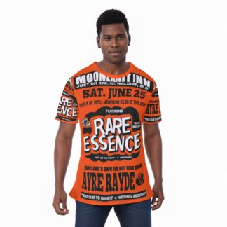 *Tee – All Over Print (Front & Back) – Moonlight Inn – Rare Essence & Ayre Rayde – Black on Orange
