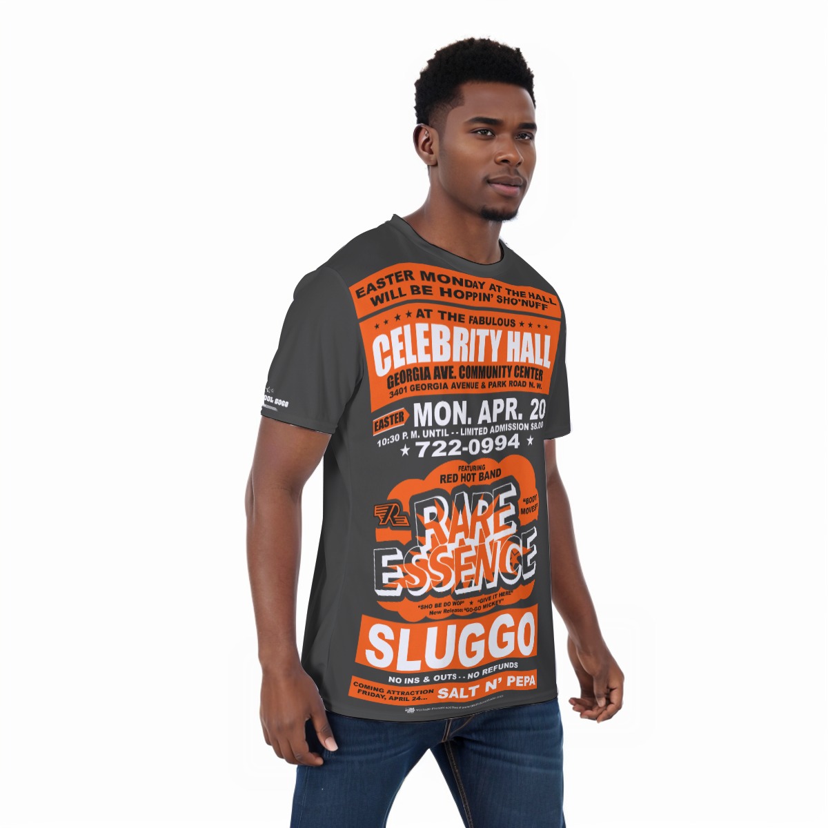 *Tee – Full Print – Celebrity Hall – Rare Essence, Sluggo, Salt N Pepa – Orange & White on Dark Grey - Image 2