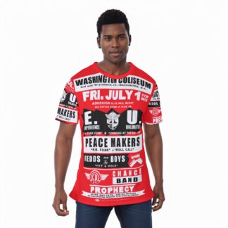 *Tee – All Over Print (Front & Back) – Coliseum – EU, PeaceMakers, Redds & The Boys, Chance & Prophecy – White & Black on Red