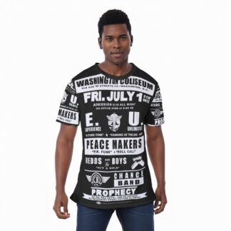 *Tee – All Over Print (Front & Back) – Coliseum – EU, PeaceMakers, Redds & The Boys, Chance & Prophecy – White on Black