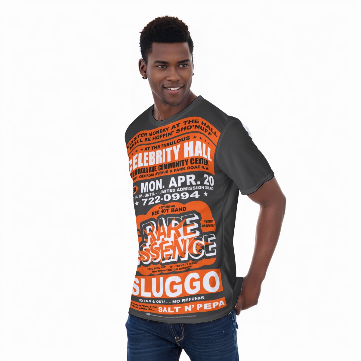 *Tee – Full Print – Celebrity Hall – Rare Essence, Sluggo, Salt N Pepa – Orange & White on Dark Grey - Image 3