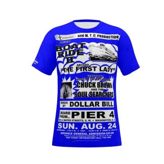 **Tee – Full Print – Boat Ride – Chuck Brown & The Soul Searchers – Black & White on Electric Blue