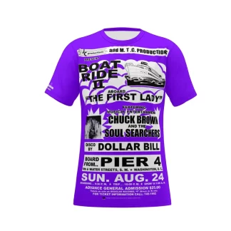 **Tee – Full Print – Boat Ride – Chuck Brown & The Soul Searchers – Black & White on Electric Purple