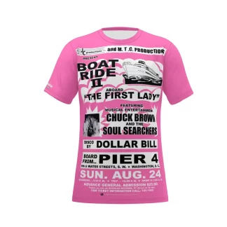 **Tee – Full Print – Boat Ride – Chuck Brown & The Soul Searchers – Black & White on Hot Pink