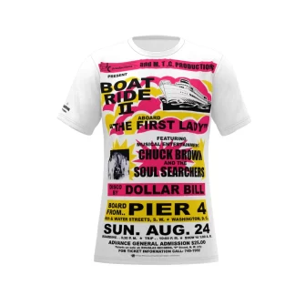 **Tee – Full Print – Boat Ride – Chuck Brown & The Soul Searchers – Pink & Yellow on White