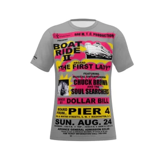 **Tee – Full Print – Boat Ride – Chuck Brown & The Soul Searchers – Pink & Yellow on Formal Grey