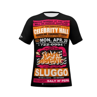 *Tee – Full Print – Celebrity Hall – Rare Essence, Sluggo, Salt N Pepa – Orange & Pink on Black