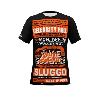 *Tee – Full Print – Celebrity Hall – Rare Essence, Sluggo, Salt N Pepa – Orange & White on Black