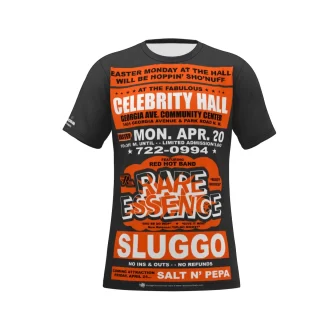 *Tee – Full Print – Celebrity Hall – Rare Essence, Sluggo, Salt N Pepa – Orange & White on Dark Grey