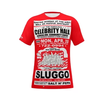 *Tee – Full Print – Celebrity Hall – Rare Essence, Sluggo, Salt N Pepa – White & Black on Red