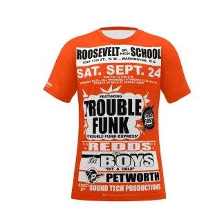 *Tee – Full Print – Roosevelt HS – Trouble Funk, Redds & The Boys & Petworth – White & Black on Orange