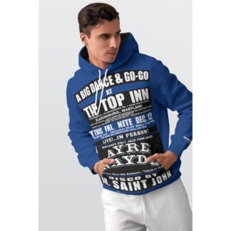 *Hoodie – Full Print – Tip Top Inn – Ayre Rayde – Black & White on Ocean Blue