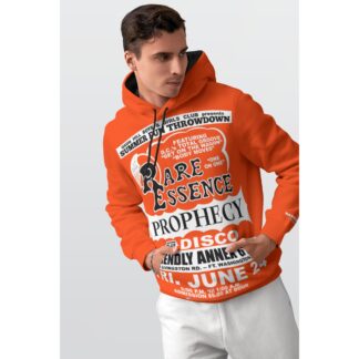 *Hoodie – Full Print – Friendly Annex – Rare Essence, Prophecy – Black & White on Orange Fire