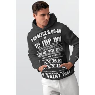 *Hoodie – Full Print – Tip Top Inn – Ayre Rayde – Black & White on Dark Grey